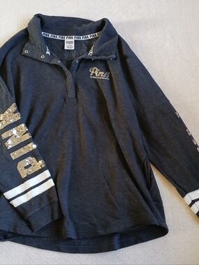 PINK ♡ varsity quarter snap pullover sequin large bling victorias secret